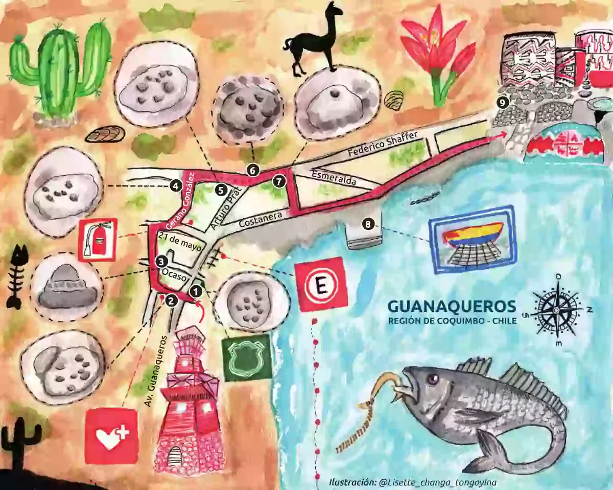 Guanaqueros: Mapa de la Ruta Urbana patrimonial indicando los puntos de interés